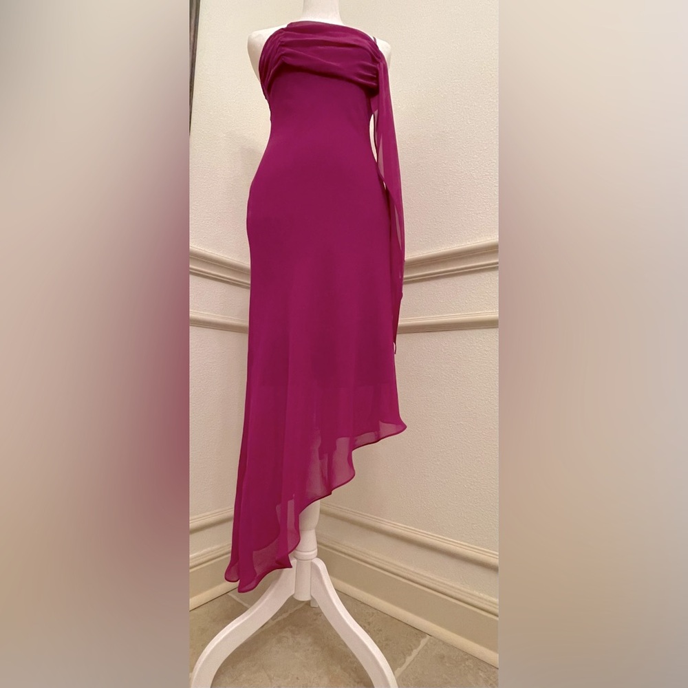 Asymmetric dress with ruffle hem, strapless fuchsia